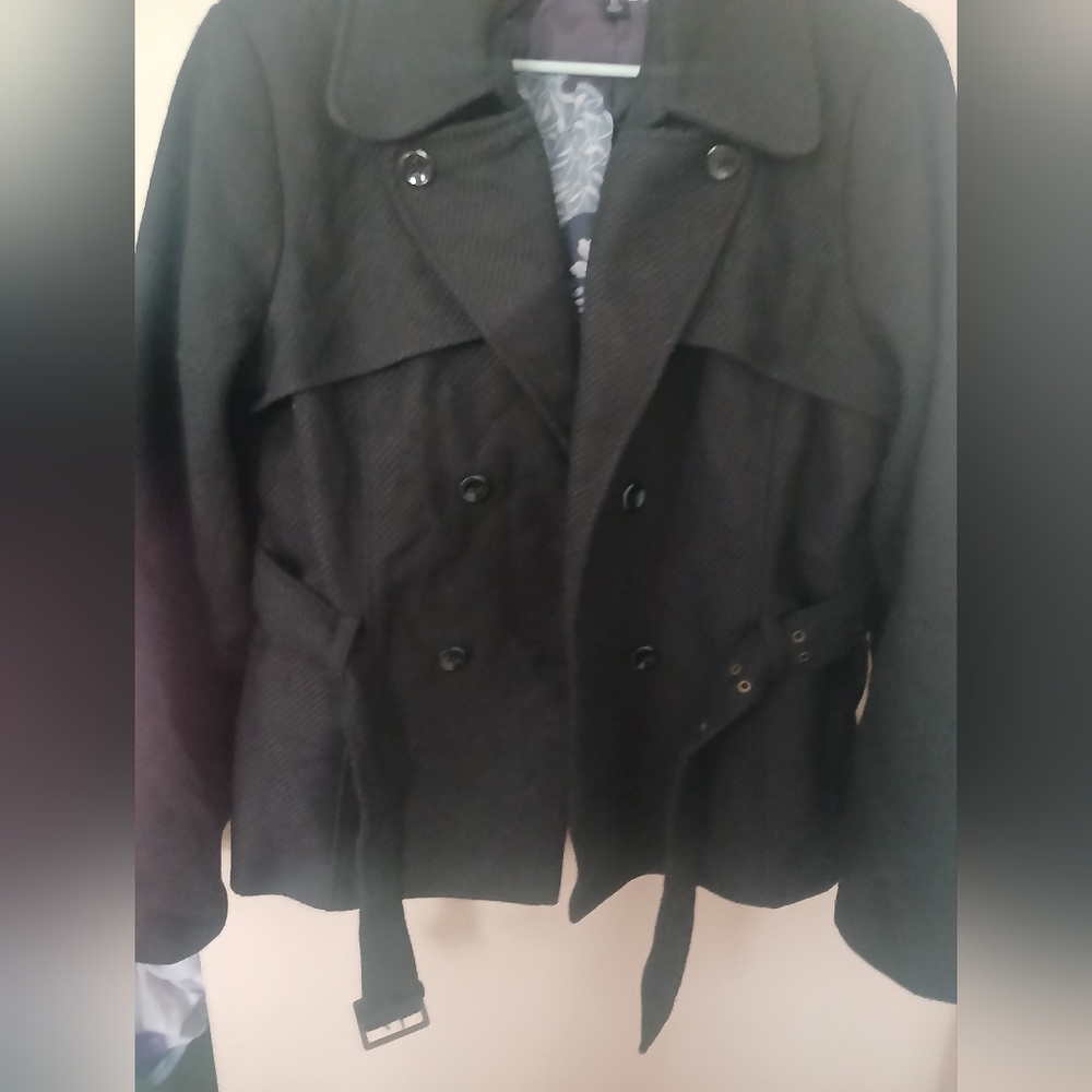 LIKE NEW Old Navy Size XL Black Thick Belted Pea Coat Ribbed Silk Lining
